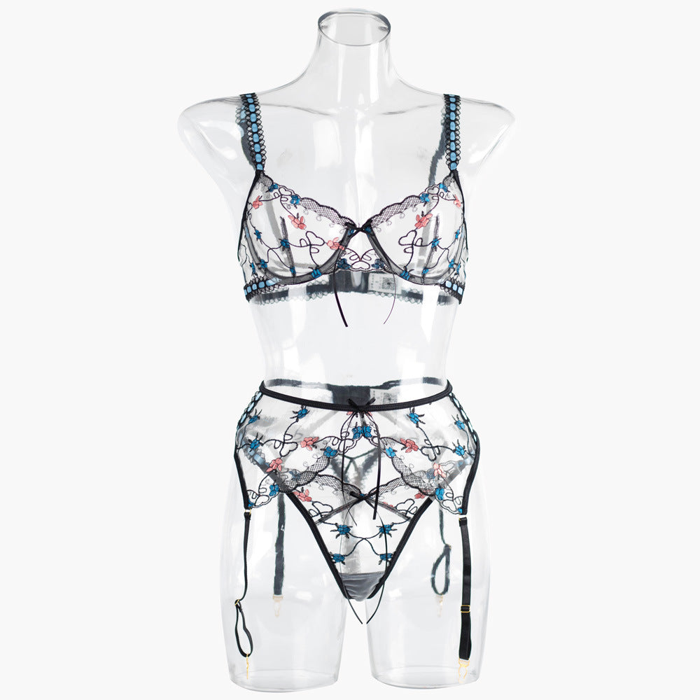 Women's Embroidered Underwire Garter Belt Shapewear 3-Piece Lingerie Set