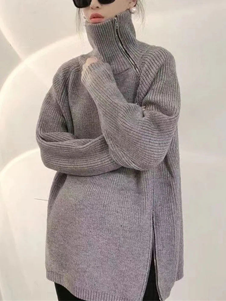 Temperament Turtleneck Solid Color Loose Sweater Cardigan For Women Casual Zipper Knitted Coats Top  Autumn New