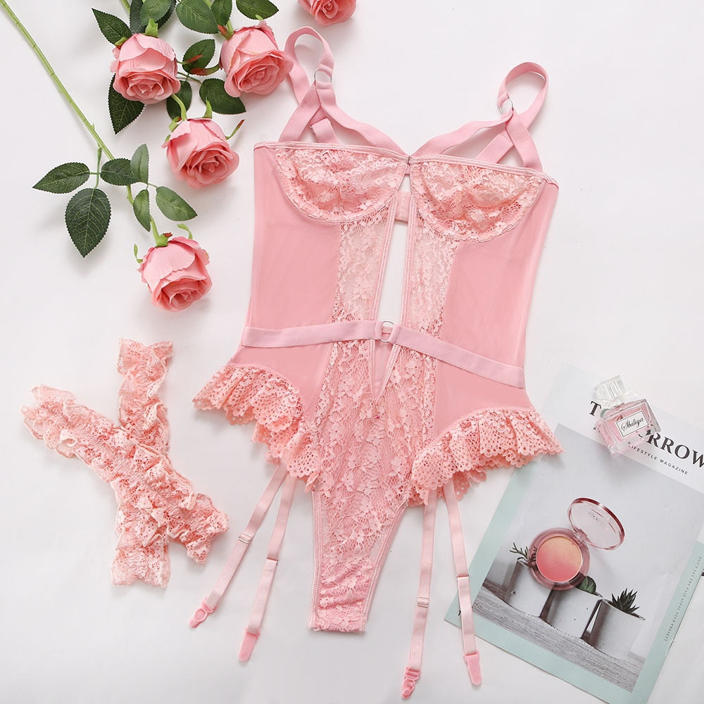 Sexy Lingerie Bodysuit Ruffled Lace Hollow Out Sensual Tops Sissy Erotic Crotchless Teddy Bear Tights Babydoll