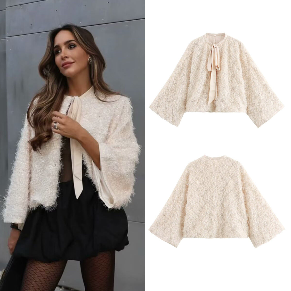 Autumn new beaded trimmed round neck lace up shawl jacket for women
