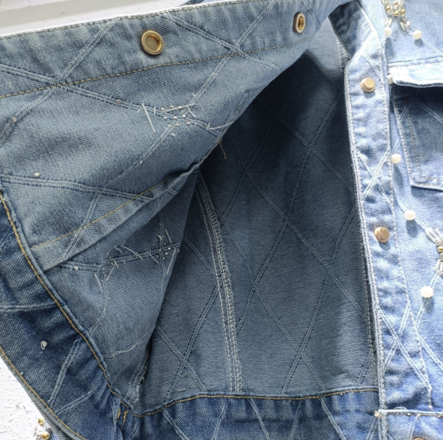 Women's Denim Jacket O-neck Embroidered Flares Diamond Badge of Pearls Buttons Plaid Elegant Coat  Autumn