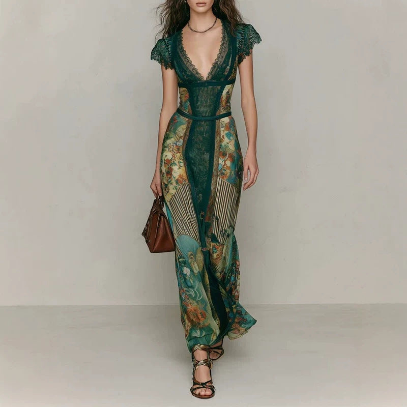 Vintage Emerald Green Lace V-Neck Short Sleeve Patchwork Oil Painting Print Fitted Flared Vacation Fish Tail Long Dress