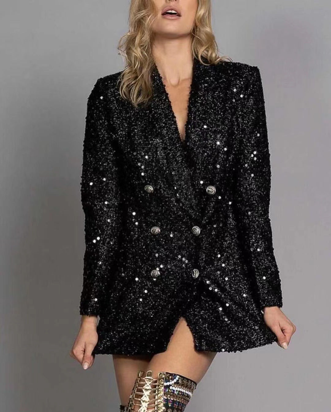 Style V-Neck Elegant Suit Jacket with Double-Breasted Design, Black Sequins, Fitted Long Blazer