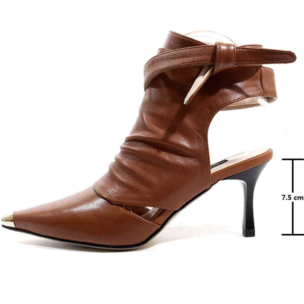 Fall fashion Shoes Sheepskin Big Size 34-42 Women Sandals Thin High Heel 7.5 CM Lace Up Metal Pointed Toe