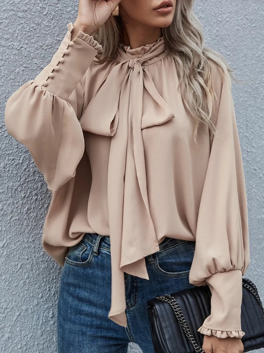 Badge of Pearls Tie Neck Lantern Sleeve Blouse