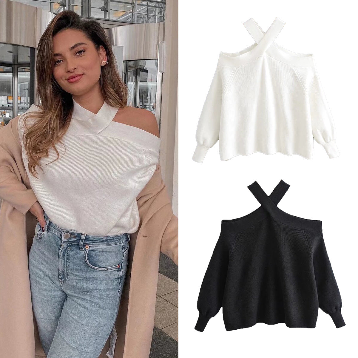 Autumn and winter off shoulder sexy loose knit sweater pullover sweater for women