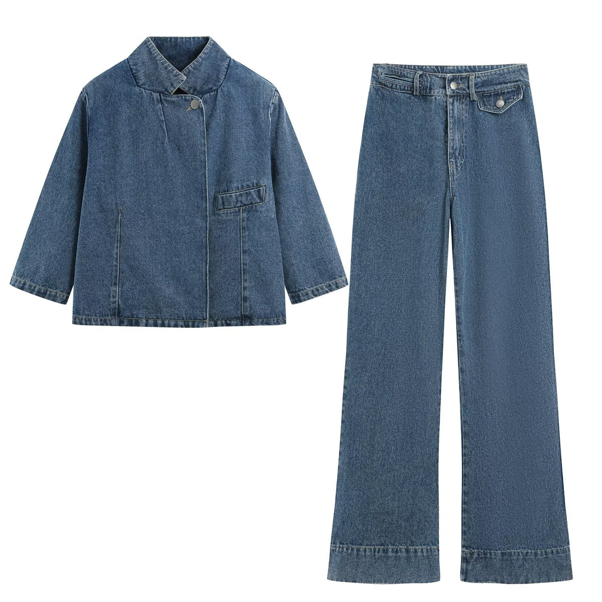 Casual double row concealed button denim suit+long pants set for women