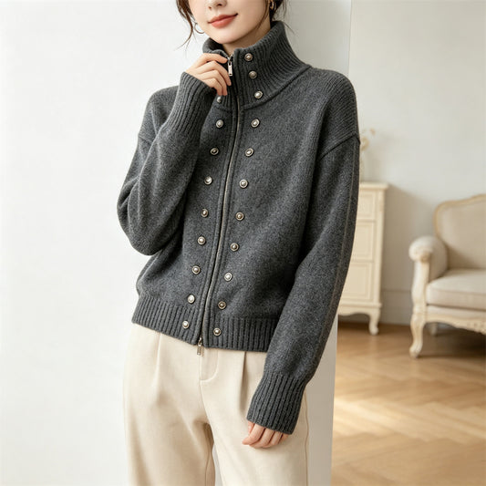 Double row decorative buckle solid color zipper sweater