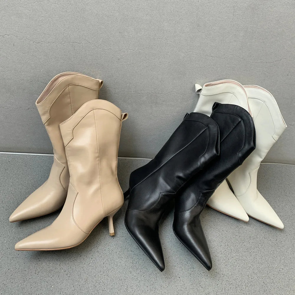 Women Mid-Calf Boots Pointed Toe Thin High Heels Mature Western Boots Autumn Winter Office Lady