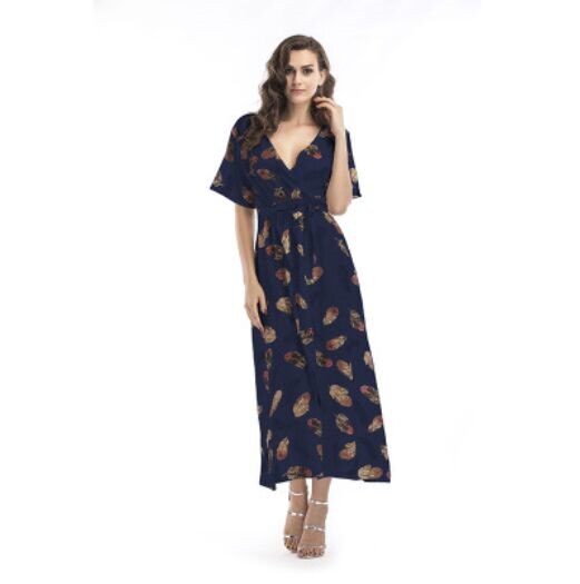 Dress Short Sleeve A Line  Floral Print Chiffon Deep V-Neck Split Sexy Women Summer Dresses Bohemian Beach Elegant Party Vestido