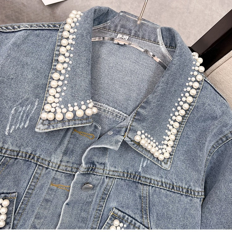Design Denim Jacket for Women Spring Autumn Loose Fit Embroidered Beaded Outerwear Coat
