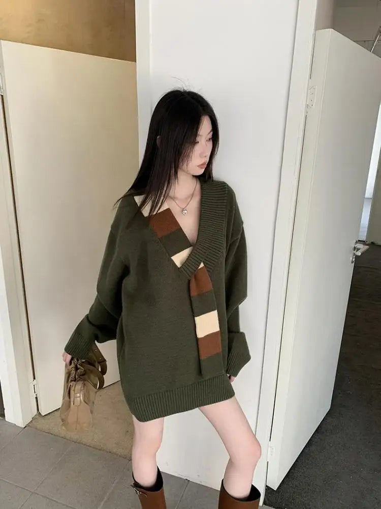 Retro Patchwork Sweater Women Clothes Long Sleeve Warm Knitted Tops Autumn Winter Pullovers Ladies Jumpers Chic