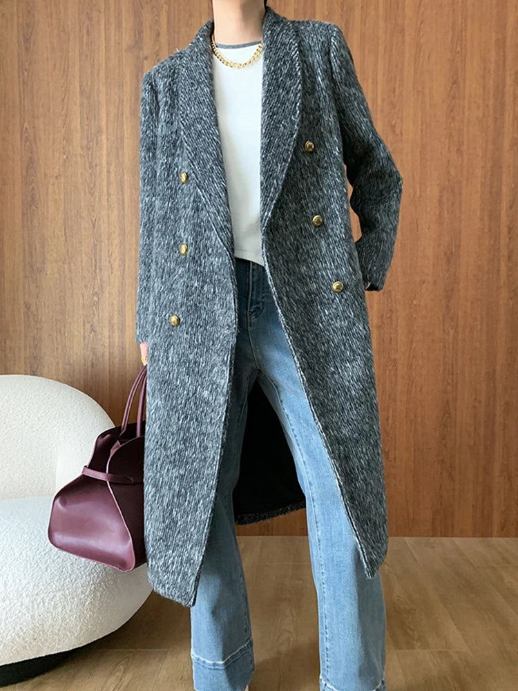 Solid Temperament Long Coat For Women V Neck Long Sleeve Spliced Double Breasted Loose Minimalist Coats Female New