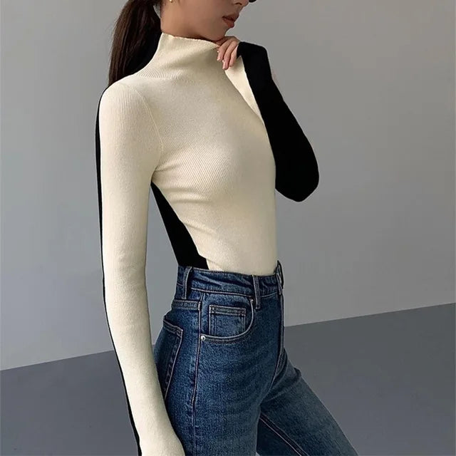 Knitted Sweater Autumn Woman Half High Collar Long Sleeve Pullover Casual Simple Basic Jumper Female Sweaters