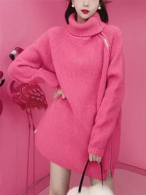 Temperament Turtleneck Solid Color Loose Sweater Cardigan For Women Casual Zipper Knitted Coats Top  Autumn New
