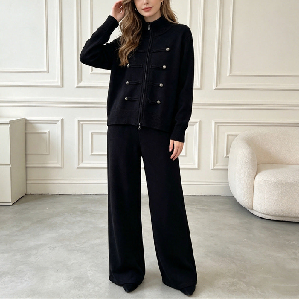 Double zipper long sleeved sweater set for women