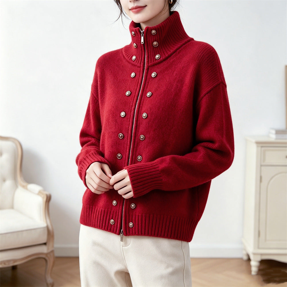 Double row decorative buckle solid color zipper sweater