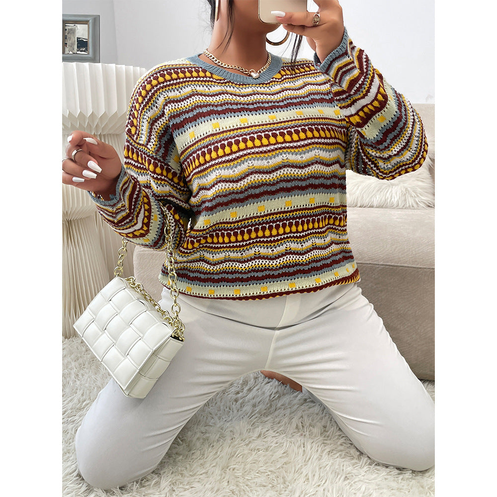 Autumn And Winter New Large Size Loose Long-Sleeved Striped Knitted Sweater Round Neck Sweater Women