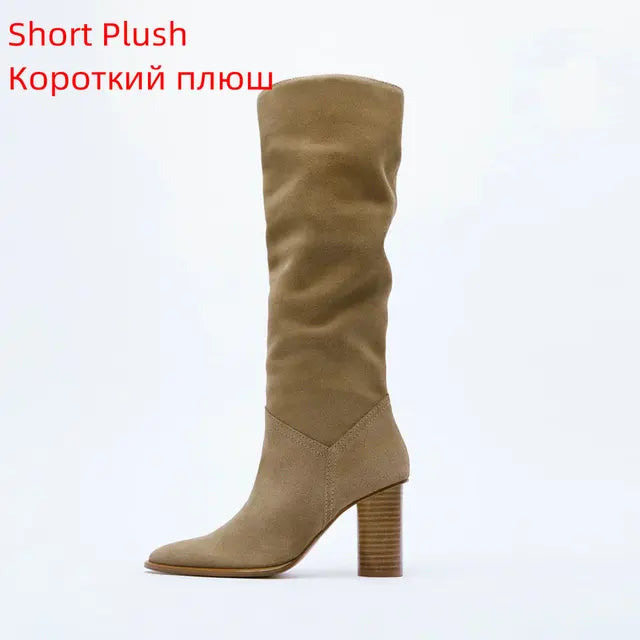 Fashion Women Winter Genuine Leather Knee High Boots Lady Pointed Toe High Heels Party Shoes INS Woman Long Boots 34-42