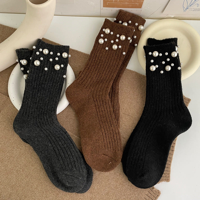 Isabella's fashionable rivet bead pile socks autumn and winter thick warm rabbit wool mid tube socks for children