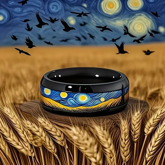 Copper-Finished Vibrant Blue and Yellow Artistic Stainless Steel 8mm Black Bead Van Gogh Star and Moon