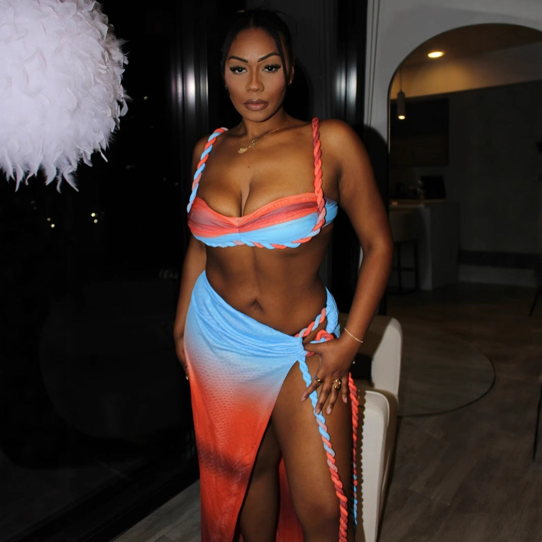 KISCHA Beach vacation swimsuit woven camisole top split skirt set