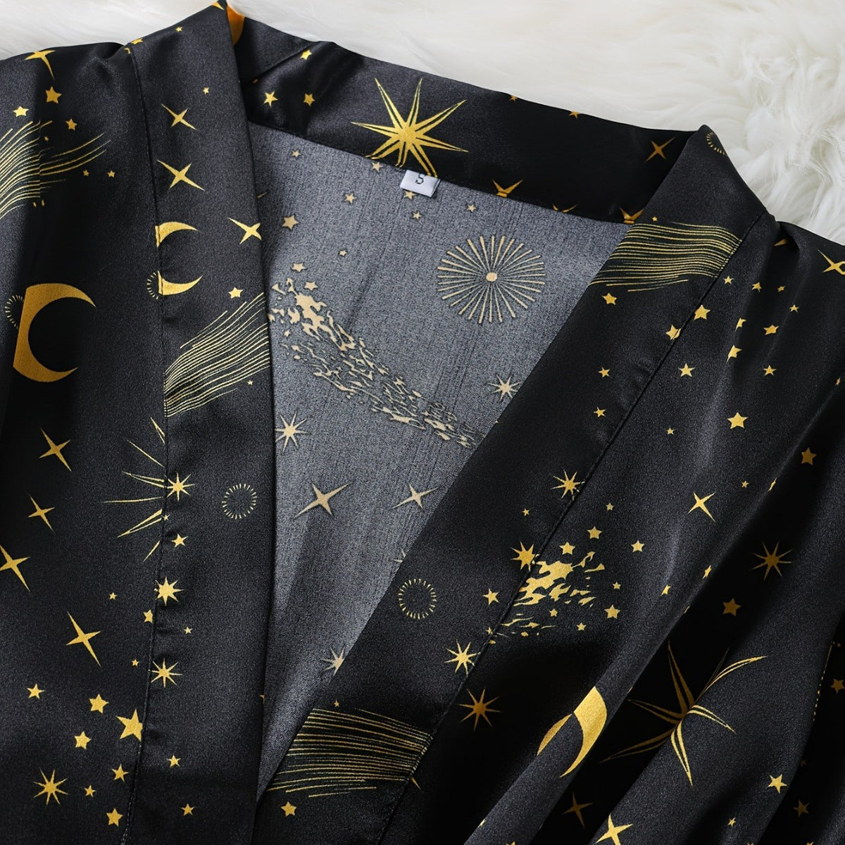 Ladies' Sleepwear Set with Star and Moon Design, Silk-like Satin Robe and Silk-like Strap Shorts