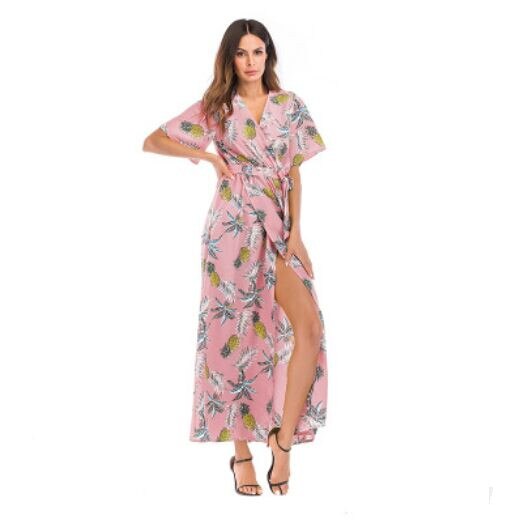 Dress Short Sleeve A Line  Floral Print Chiffon Deep V-Neck Split Sexy Women Summer Dresses Bohemian Beach Elegant Party Vestido