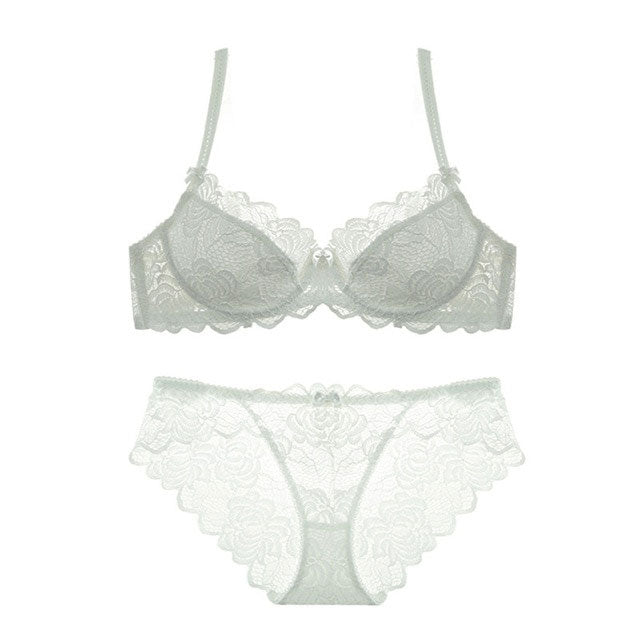 LA BELLA Sexy Bra Ultrathin Underwear Set Plus Size C D Cup Women Transparent Bra Sets Lace Embroidery Lingerie Gray Brassiere