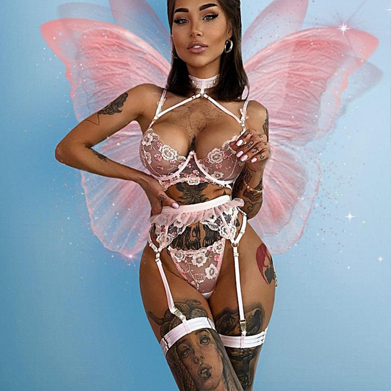 Sexy Lingerie Women's Pink Flower Embroidery Stitching  Mesh Garter Belt Three-Piece Set