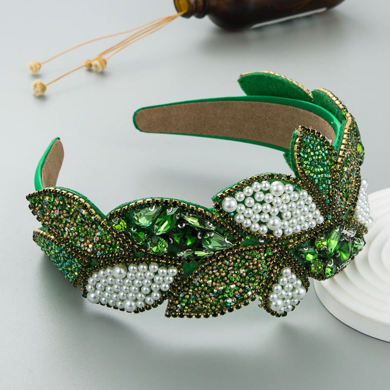 Headband Fashion Ball Rhinestone Pearl Leaf-Shaped Baroque Headband Exaggerated Wide Side