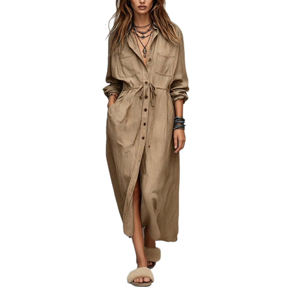 Spring and Autumn Casual Drawstring Waist Shirt Dress Loose Style for Women
