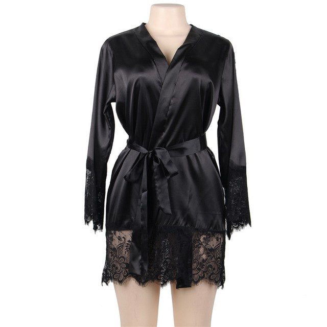 LA BELLA  Silk Robe Long Sleeves Lingerie Gowns Lace Patchwork Short Kimono Sexy Bride Robes Wedding
