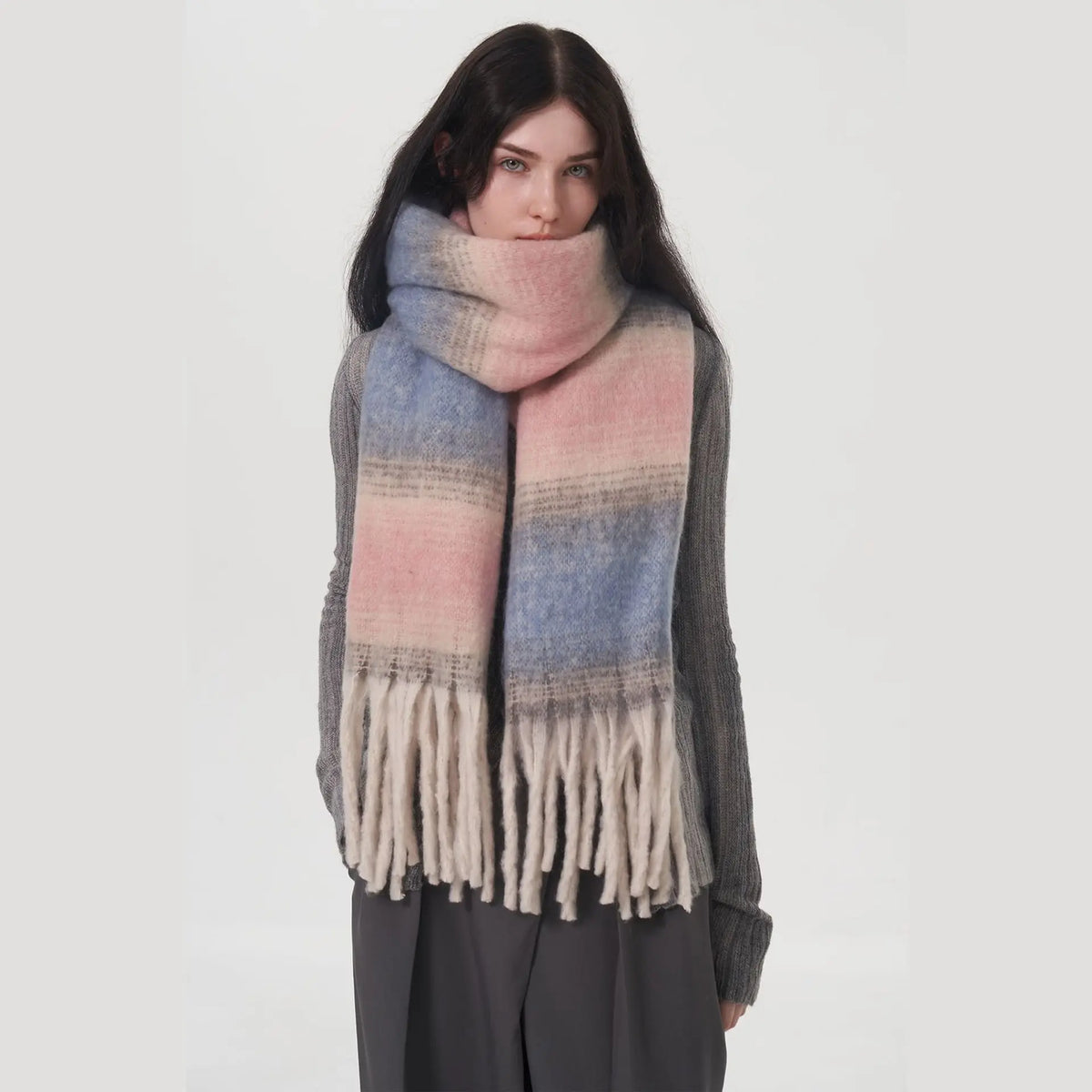 Gradient Color Block Cashmere Scarves Comfort Stripe Tassel Scarf Autumn Winter Keep Warm Simple Fashion Commuting Long Muffler
