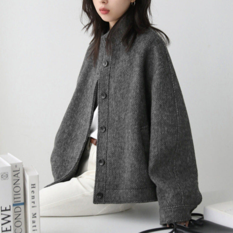 Retro Style Early Winter New Arrival Stand Collar Twill Texture Single Breasted Wool Blend Short Coat for Women