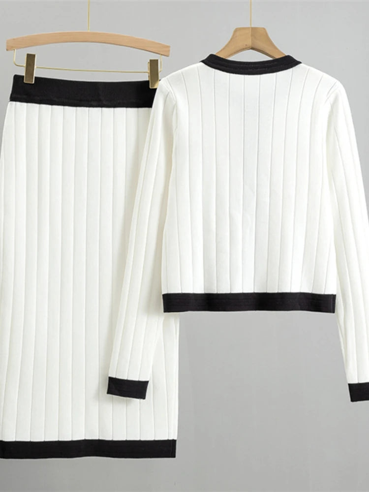 Elegant Temperament Womens Two Piece Set Autumn Winter French Knitted Cardigan Jacket Black Half Skirt Sets Office Commuting Kit