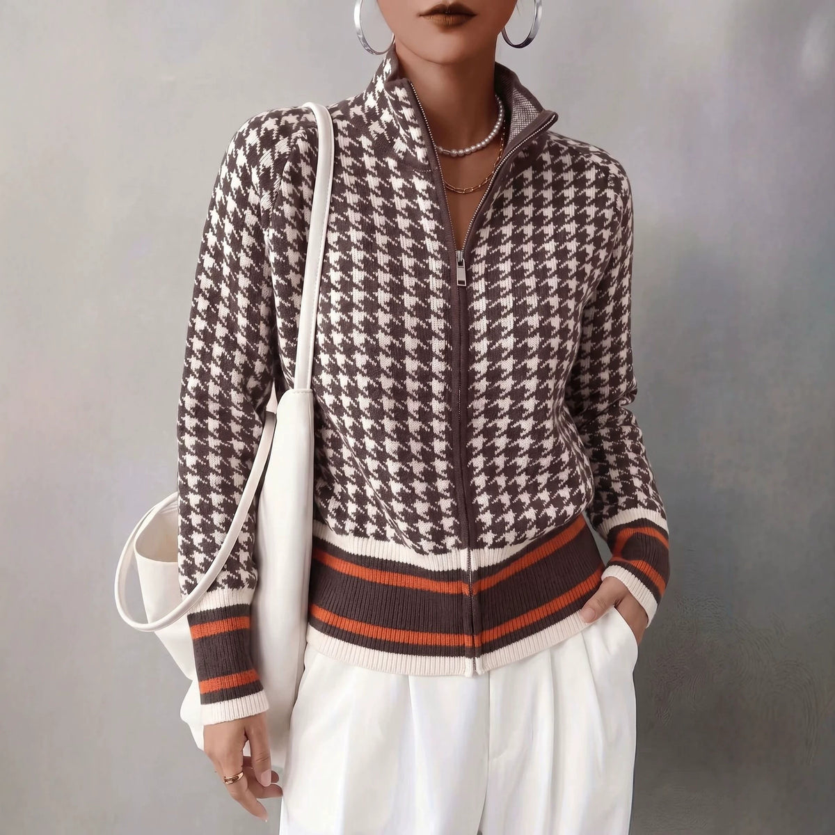 Stand up collar zipper knitted cardigan for women in autumn and winter