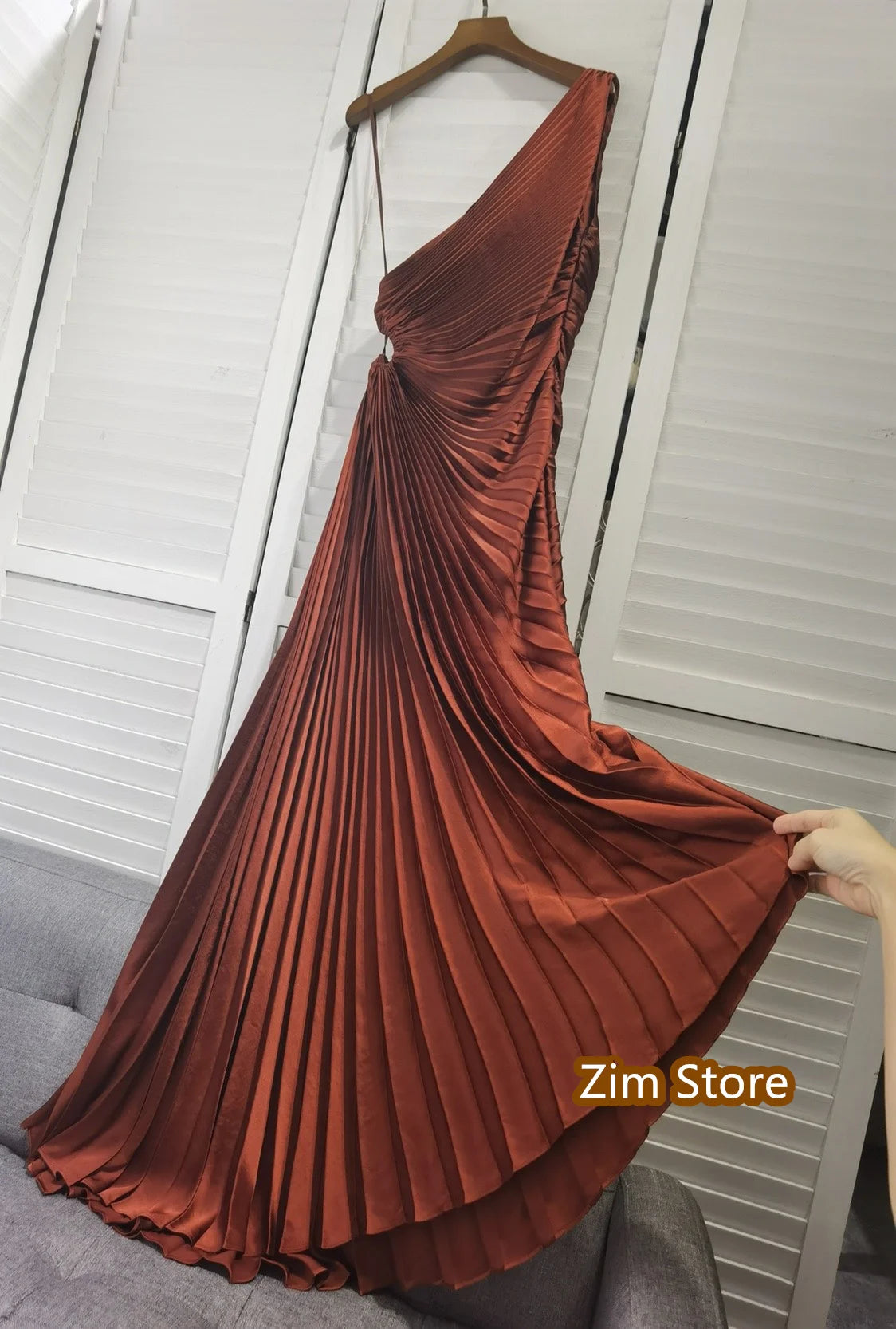 Summer/Autumn Women Dress Polyester Asymmetry One-Shoulder Brown Hole Ankle-Length Vintage High Waist