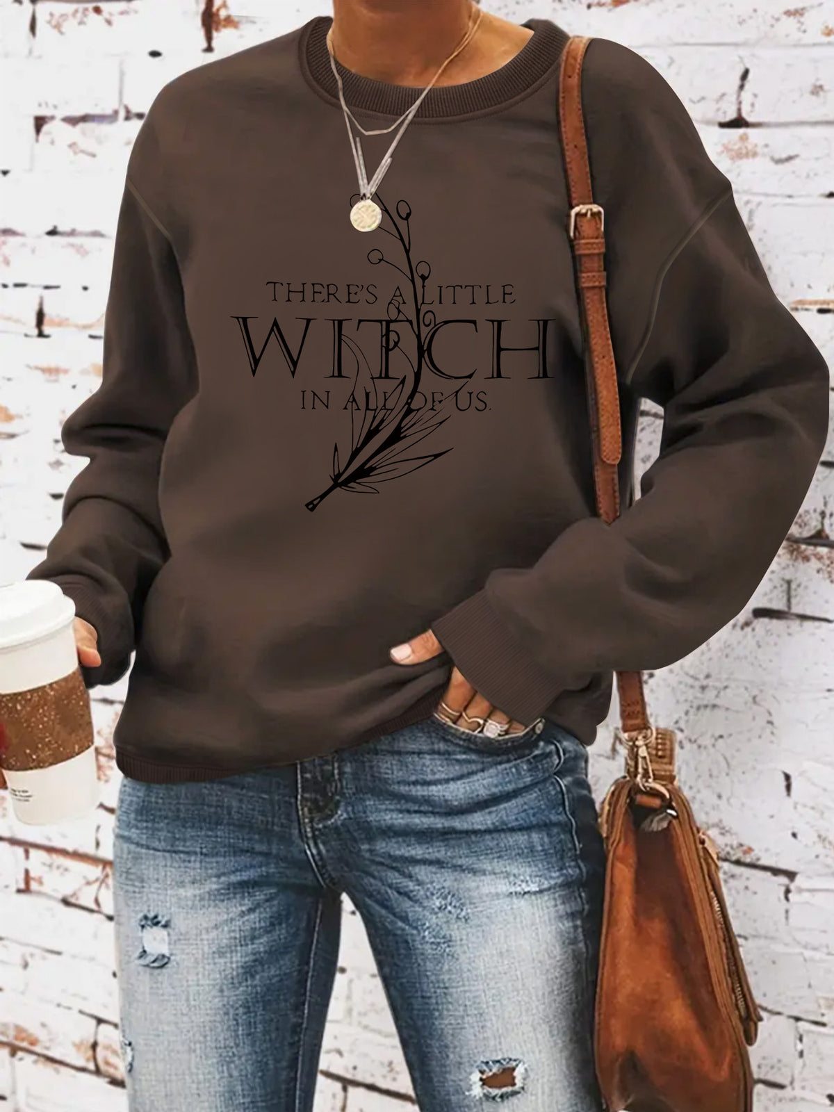 Living in a witch print round neck hoodie