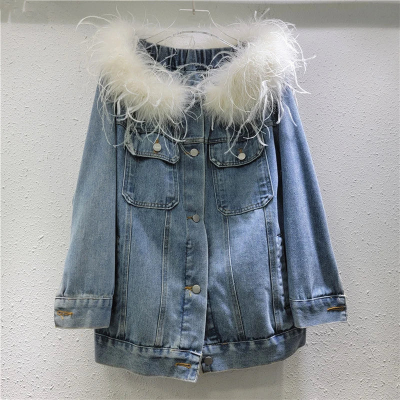 Women's Fashion Feather Patchwork Slash Neck Single Breasted Denim Coats Spring New Items Loose Jackets