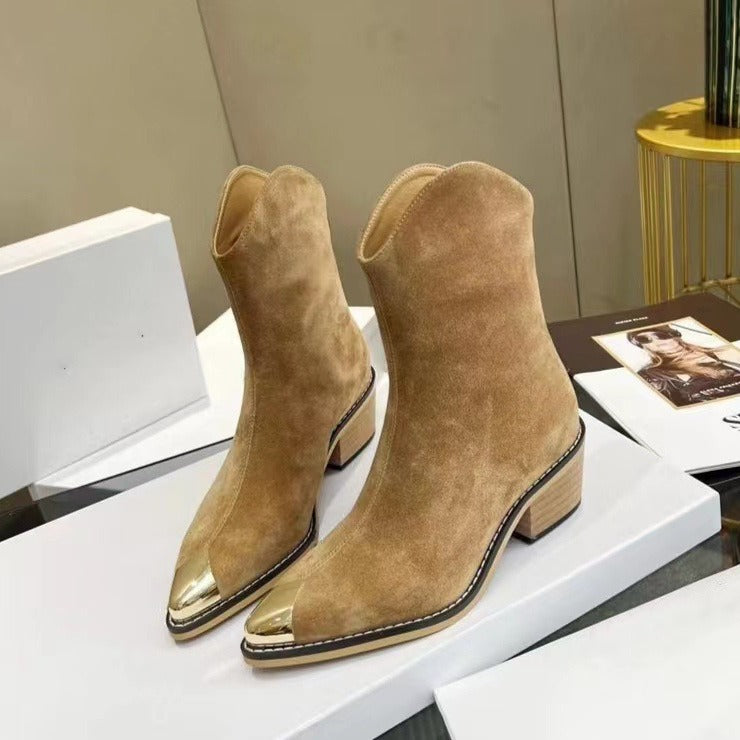 Winter Designer Shoes Women Chelsea Boots Metal Toe Back Zip Short Boots Women Pointed Toe Chunky Heel Ankle Boots Suede Leather