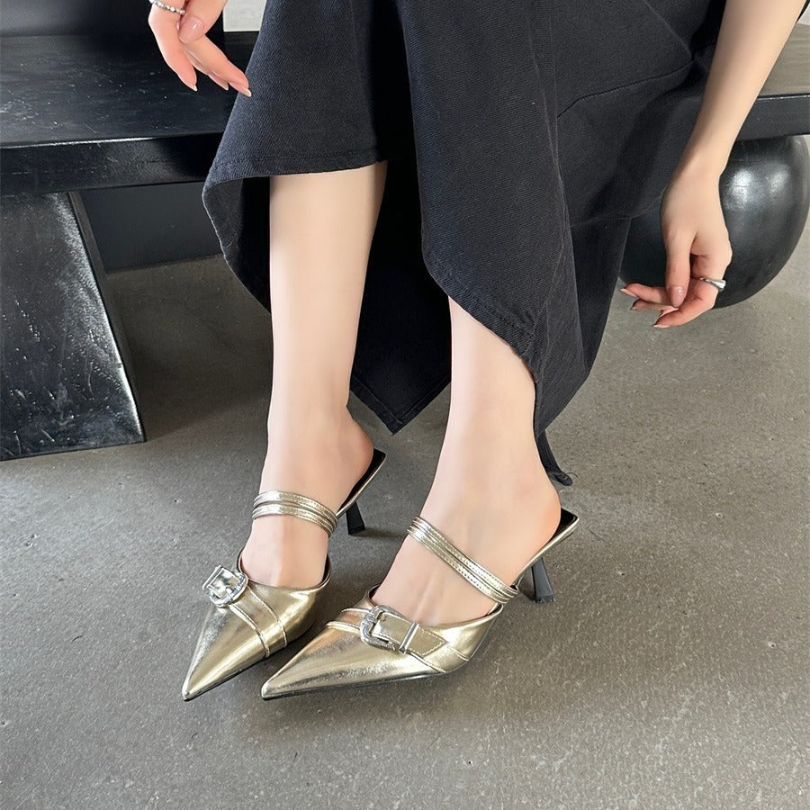 French belt buckle toe toe slippers for women high heels stiletto heel pointed toe half slippers for women
