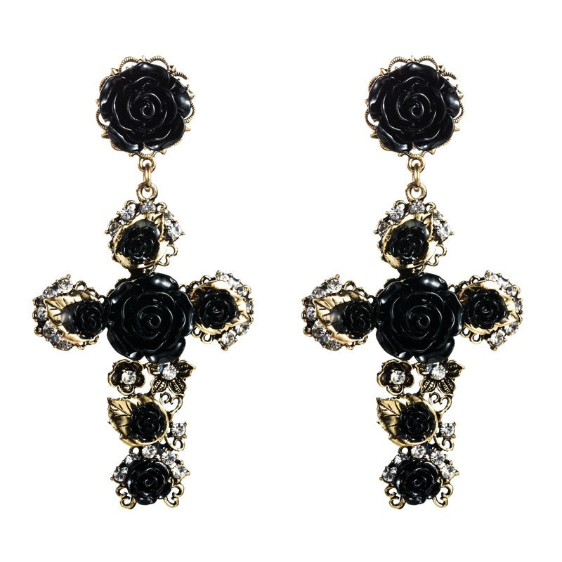 Fashionable Baroque Rose Flower Cross Long Earrings Retro European and American Earrings