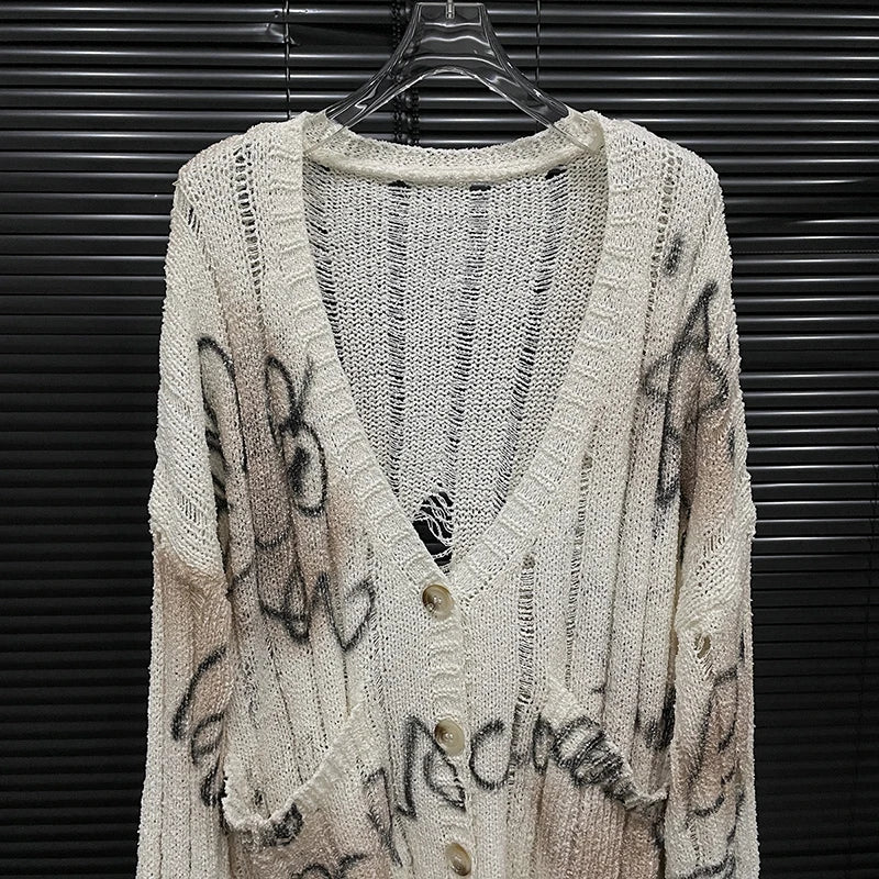 Autumn New Collection Women Knitted Cardigan Letter Pattern Loose Hole Design Single-breasted Fashion Sweater