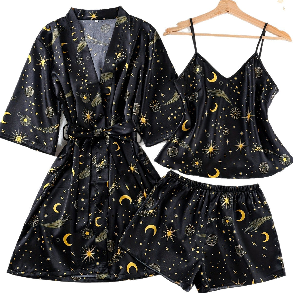 Ladies' Sleepwear Set with Star and Moon Design, Silk-like Satin Robe and Silk-like Strap Shorts