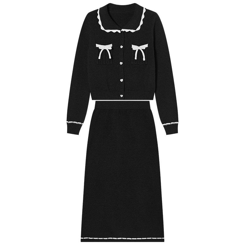 Casual Knit Collared Cardigan Jacket Skirt Two-Piece Set for Women