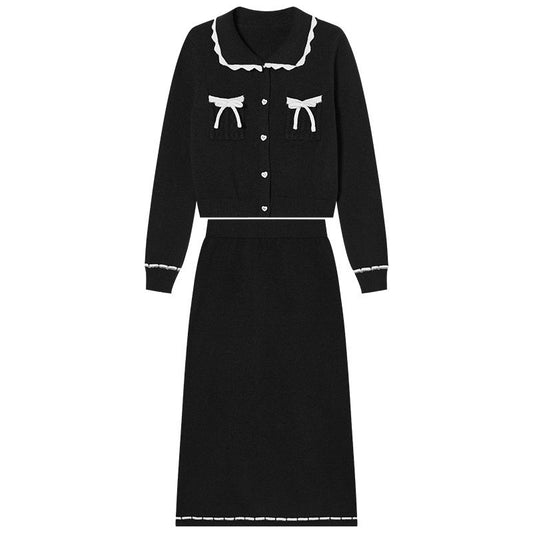 Casual Knit Collared Cardigan Jacket Skirt Two-Piece Set for Women
