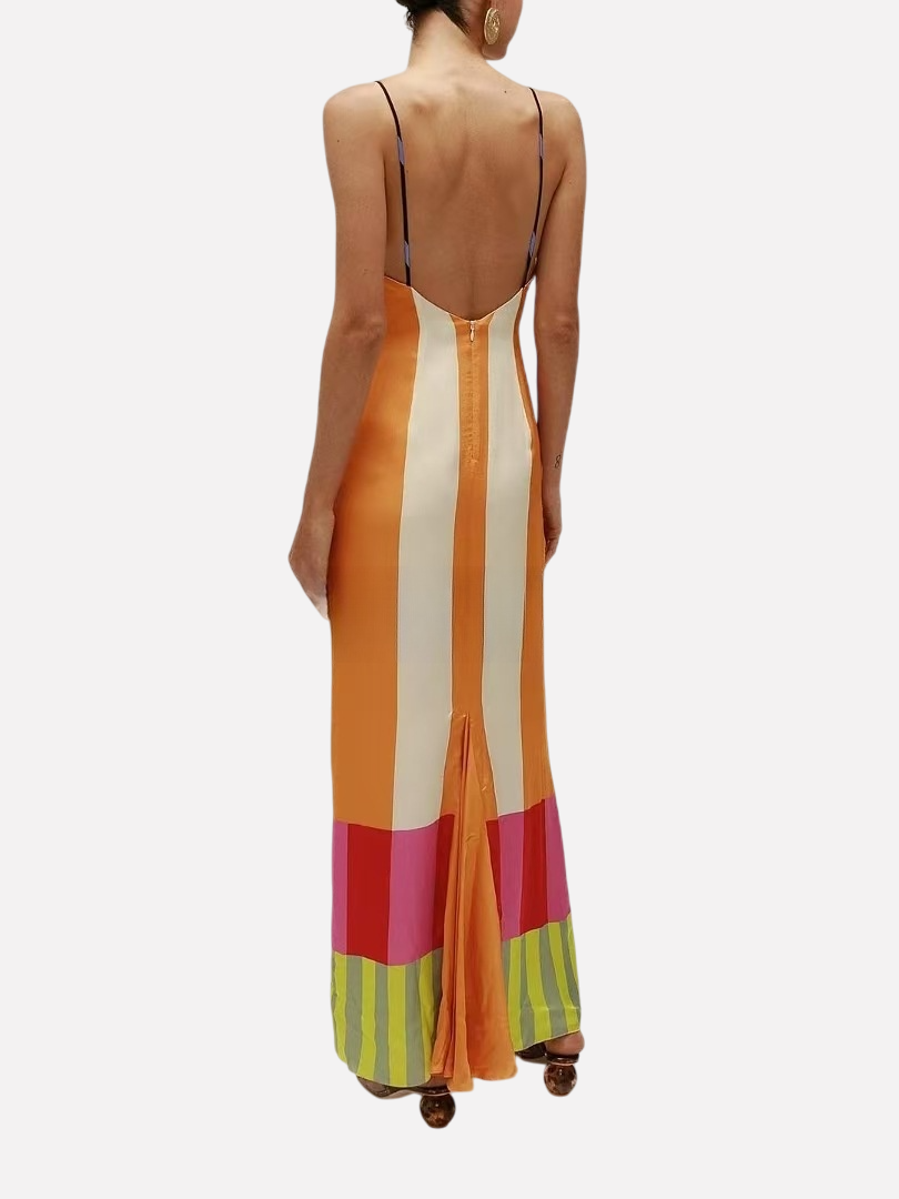 Striped dress with contrasting colors for slimming effect split top camisole skirt