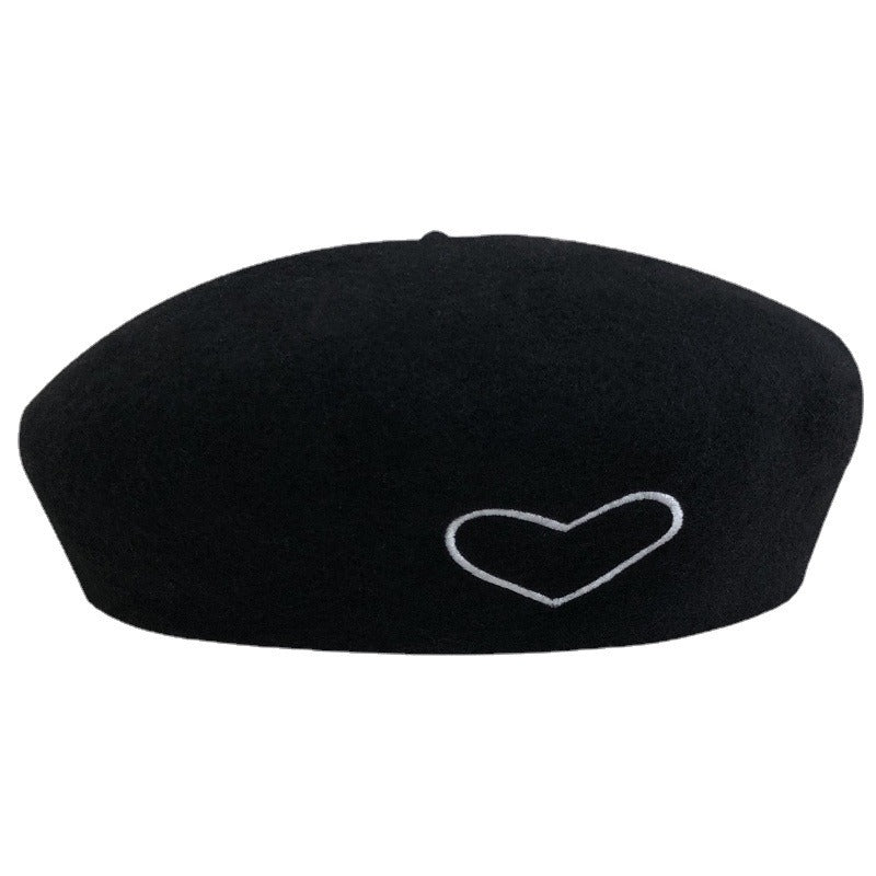 Poetic Wool Beret Hat For Women Heart-shaped Embroidery Painter Hat Retro Casual Octagonal Hat Bonnet Enfant