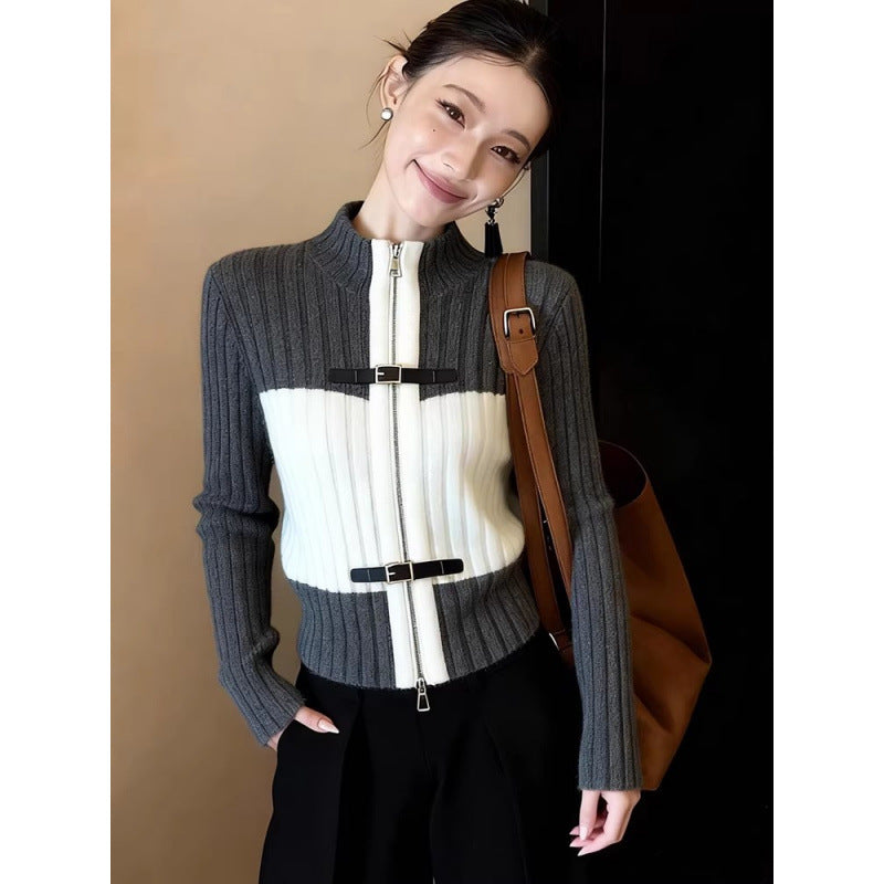 Elegant Color-Blocked Versatile Half-Stand Collar Zip-Up Knit Cardigan Women's Commuter Style Top